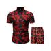 MAWCLOS Mens Summer Casual 2 Piece Suits Button Down T-Shirts Tops Elastic Wais Drawstring Trunk Pants Outfits Print Beach Sets