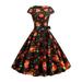 Women Casual Loose Halloween Party Evening Dress Short Sleeve Vintage Swing Dresses Ladies Short Mini Dress With Belt Party Evening Holiday