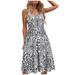 Mnycxen summer dresses Women's Summer Printed V-neck Casual Lace-up Sling Temperament Knee-length Dress