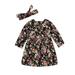 Toddler Baby Girls Long Sleeve Floral Dress Doll Collar A-Line Party Dress + Bow Headband