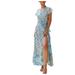 Roliyen Summer Dress for Women Bohemian Floral Printed Wrap O Neck Short Sleeve Split Beach Party Maxi Dress
