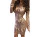 HIMONE Women Crew Neck Long Sleeve Sequined Cocktail Bodycon Mini Dress Backless Glittering Short Mini Pencil Hip Dress