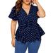 ã€–Follureã€—Plus Size Women's Plus Size V Neck Short Sleeve Shirt Top Polka Dot Knot Front Blouse