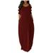 Mnycxen summer dresses Women Round Neck Solid Color Side Pocket Ladder Cutout Sleeve Maxi Dress