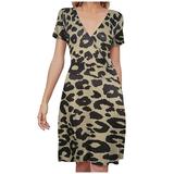 MIARHB Women's V-neck Short-sleeved Leopard Print Ruffled Sleeve Print Stitching Dress