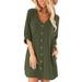 ANNA Women's Cotton Linen Roll Tab 3/4 Sleeve V Neck Button Solid Casual Dress