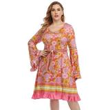 HDE Plus Size Bell Sleeve Dress Boho Vintage Hippie A line 70s Pastel Goth Witch (Hippie Flowers, 2X)