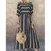 Women's Plus Size Pullover Temperament Commute Mid-Sleeve Fishtail Cotton High Waist Dress Striped Mid-Waist Dress