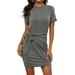 Women Summer Casual Roll Up Short Sleeve Crewneck Bodycon Ruched Tie Waist Mini Dress