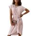 JustVH Womens Off Shoulder Belted Dress Stripe Short Sleeve Irregualar Hem Dress