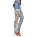 Inverlee Women Lace Hollow Out Floral Appliques Skinny Denim Jeans Pencil Pants