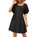 Sexy Dance Women Short Sleeve Scoop Neck Midi Dresses Casual Loose Lace Up Shirt Dress Summer Beach Holiday Sun Dress