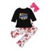 2019 Brand New Toddler Kids Baby Girls Casual Clothes Letter Ruffles Pullover Black T-Shirts Tops+Floral Pants+Headband 3PCS