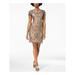 ADRIANNA PAPELL Womens Beige Damask Sequined Mesh Short Sleeve Cowl Neck Above The Knee Body Con Cocktail Dress Size 4