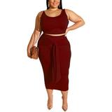 Colisha Ladies Tanks Top And Bodycon Skirts Midi Dress Set Plus Size 2 Pieces Outfits Casual Sleeveless Crop Tops Lace Up Mid Calf Dresses