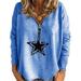 Womens Plus Size Star Print Zip Up v Neck Long Sleeve Shirts Casual Blouse Tops