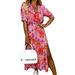 Colisha Short Sleeve Maxi Dress For Women Loose Casual Elastic Waist Midi Summer Dress Hawaiian Floral Print A-Line Beach Holiday Sundress