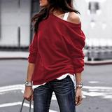 Mojoyce Solid Women Sweatshirt Long Sleeve O-Neck One Shoulder Tops (Wine Red XL)