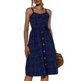 Boho Sundress For Women's Boho Polka Dot Sleeveless Dresses Ruffle Button Down Midi Dress Summer Beach Sundress