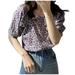 MIARHB Just My Size Pleated Woven Blouse Women Top Women Button Puff Short Sleeve Off Shoulder Plus Size Printed Top Shirt