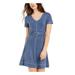 Rosie Harlow Womens Blue Belted Short Sleeve V Neck Short Fit + Flare Dress Size S