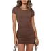 Women's Round Neck Ribbed Short Sleeve Drawstring Bodycon Dress