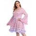 HDE Plus Size Bell Sleeve Dress Boho Vintage Hippie A line 70s Pastel Goth Witch (Pastel Flowers, 2X)