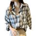 Women Blouses Tops Buffalo Check Plaid Long Sleeve Casual Button Down Shirts