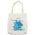 Marine Tote Bag, Monochrome Silhouette Sailing Boat Ship Illustration on Plain Background, Cloth Linen Reusable Bag for Shopping Books Beach and More, 16.5" X 14", Cream, by Ambesonne