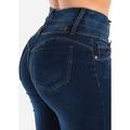 Womens Juniors Casual Fashion Stretchy Denim Slim Fit Sexy Mid Rise 4 Button Blue Dark Wash Orange Stitching PUSH UP Butt Lifting Skinny Jeans 10757W