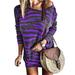 Jocestyle Women Striped Printing Off Shoulder Dress Long Sleeve Dresses (Purple XL)