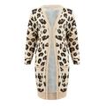 Women Autumn Winter Casual Sexy Leopard Print Slim Pocket Jacket Long Sleeve Loose Cardigan Warm Long Coat