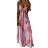 Eyicmarn Women's Tie Dye Boho Dress V Neck Spaghetti Strap Maxi Gradient Dress A-Line High Waist Loose Fit Beach Dress