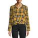 No Boundaries Juniors' Collar Zip Front Plaid Shirt with Twist Front