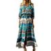 Women Bohemian Floral Printed Beach Maxi Dress Vintage Printed Ethnic Style Summer Long Dress Ladies Fashion Loose Swing Sundress Green L