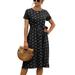 UKAP Women Midi Dress Summer Round Neck Casual Short Sleeve Polka Dot Print Belted Casual Tunic Flare Shift Dress