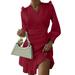 ZANZEA Women Casual Long Sleeve Wrap Ruched Ruffles Hem Mini Dress