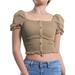 Made by Olivia Women's Contrast Puff Short Sleeve Button Detail Smocked Crop Top