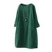 Winnereco Casual Women Solid Color O-neck Dress Pocket 3/4 Sleeve Dresses (Green L)
