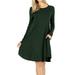 Women Long Sleeve Round Neck A-Line Pleated Knee Length Tunic Dress with Side Pockets (Hunter Green, 3X)