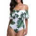 Women's One Piece Swimsuit Vintage Off Shoulder Ruffled Bathing Suits White L