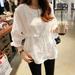 Autumn Women Solid Color T-shirt Loose Lace Up Waist Drawstring Three Quarter Butterfly Sleeve Small Fresh Ruffles O Neck Tops