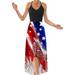 Womens Summer Dress Sleeveless Halter Neck Long Maxi Dress Slim Summer Party Back Cross 4th of July Independence Day Sundress Racerback