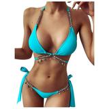 Mchoice Bikini Side Tie Bottom Padded Ruffled Top Two Piece Swimsuit for Women Cross Back Bathing Suit