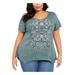 STYLE & COMPANY Womens Green Printed Cap Sleeve V Neck T-Shirt Top Plus Size: 1X