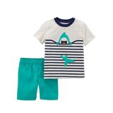 Carters Infant Happy Shark Baby Outfit Blue & White Shirt & Teal Shorts Set