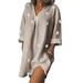 Women's Casual Loose Pocket V neck Mini Dress Long Sleeve Linen Polka Dot Print Split Dresses Tunic Tops Blouse Shirt Dress