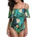 Women's One Piece Swimsuit Vintage Off Shoulder Ruffled Bathing Suits Green M