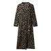 Women's Midi Leopard Dress Stylish Long Sleeves High Waist Dress Button Down A-Lined Dress, Brown-2XL