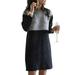 Womens Ladies Colour Block Long Sleeve Woolen Jumper Dress Casual Shift Dresses